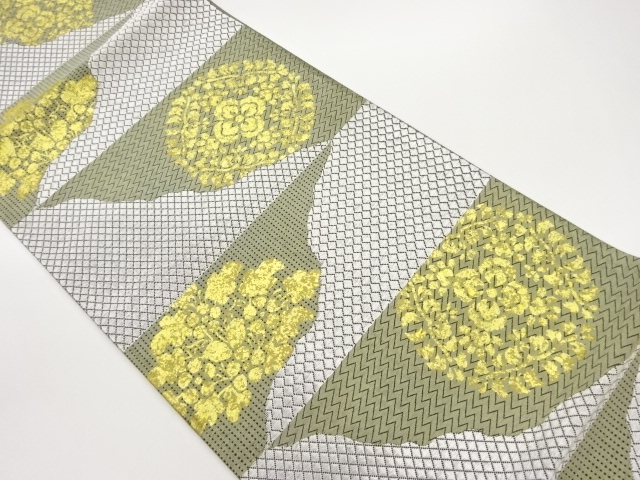 JAPANESE FUKURO OBI / KINSAI / WOVEN ABSTRACT STRIPE & PLANTS